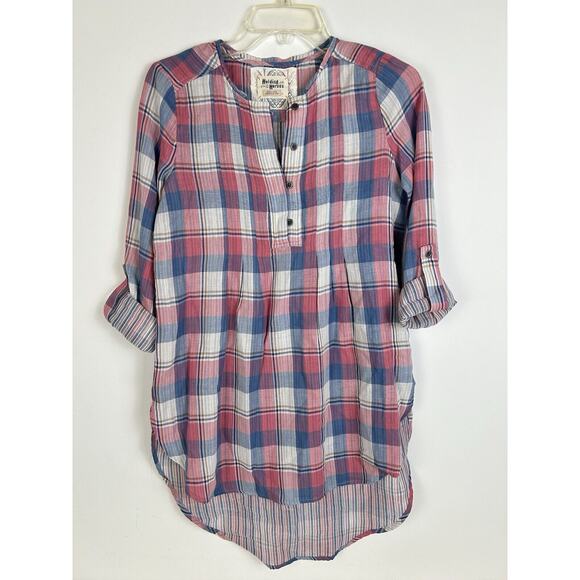 Anthropologie Holding Horses Plaid Tunic Top Popover Size 0 Pink Blue Western - Picture 2 of 10